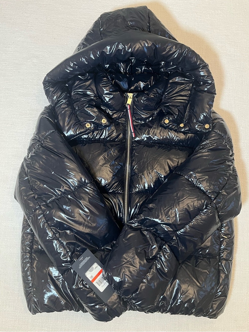Tommy Hilfiger XS Black Hooded Puffer Jacket Full Zip Short THProtect glossy